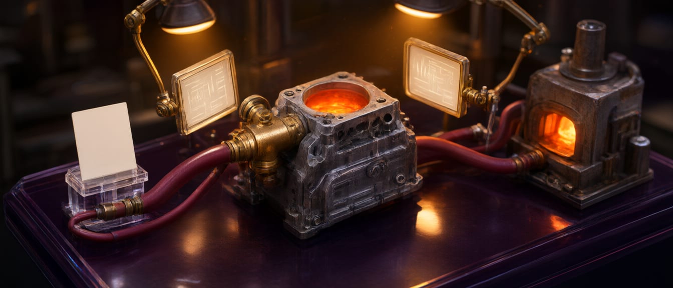Scale model machine shop: an engine block feeding a brass manifold that splits one line to a card on a pedestal and one into a furnace