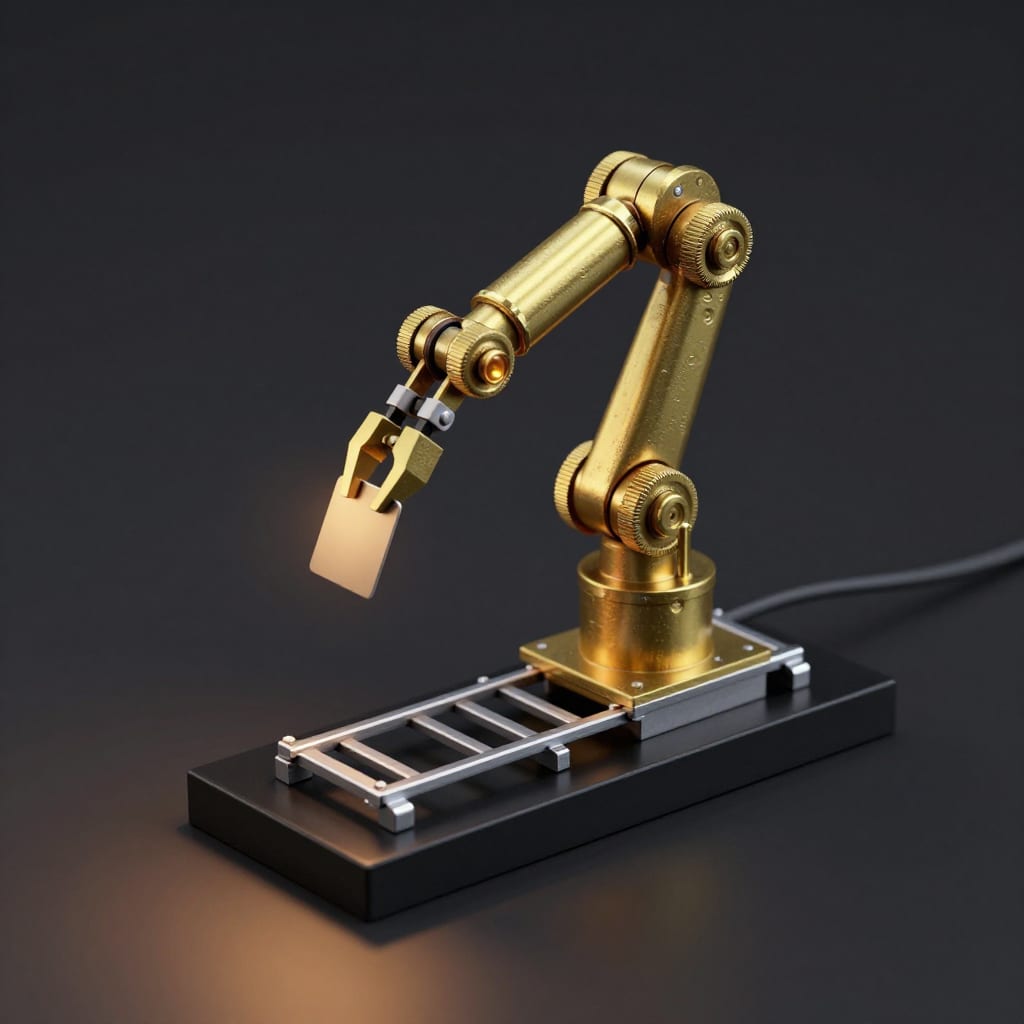 Brass and steel robotic arm on a rail, gripping one card