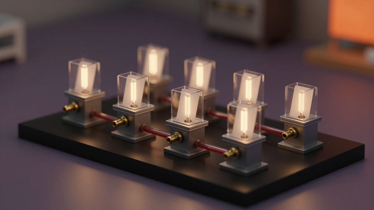 A row of lit vitrines, each holding one blank card on a machined pedestal